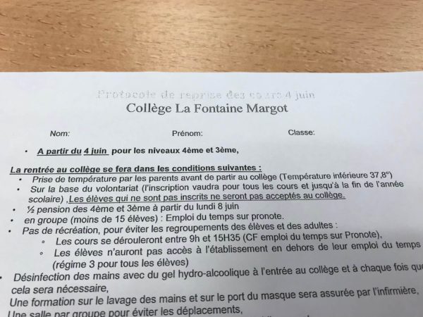 Protocole de reprise des cours du Collège de la Fontaine Margot à Brest