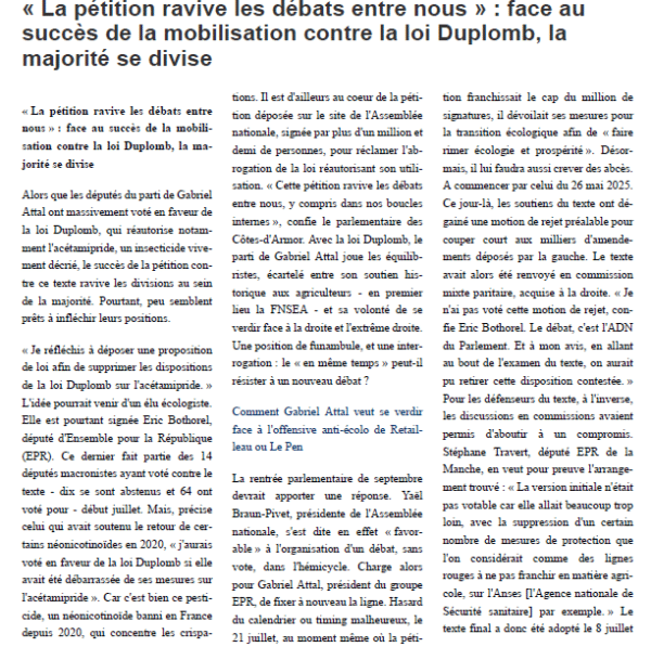 « La pétition ravive les débats entre nous » : face au succès de la mobilisation contre la loi Duplomb, la majorité se divise - page 1